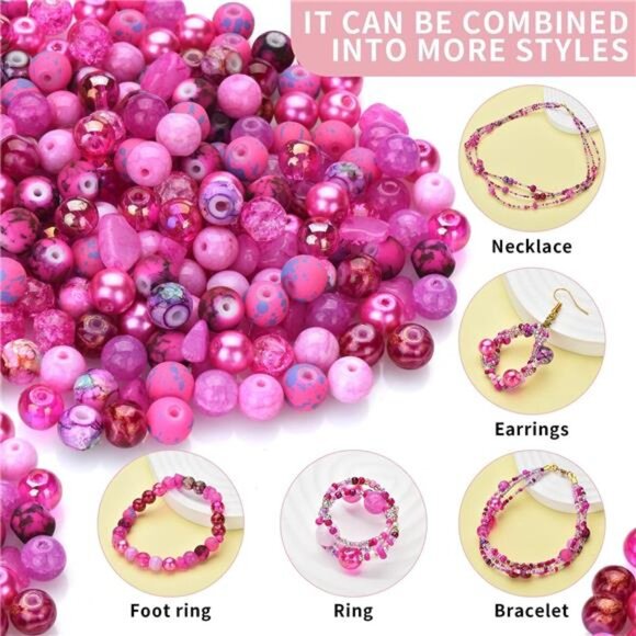 Rired 27 8mm Round Glass Beads Kit, Craft Beads for Bracelet Making, Hot Pink - Picture 3 of 7